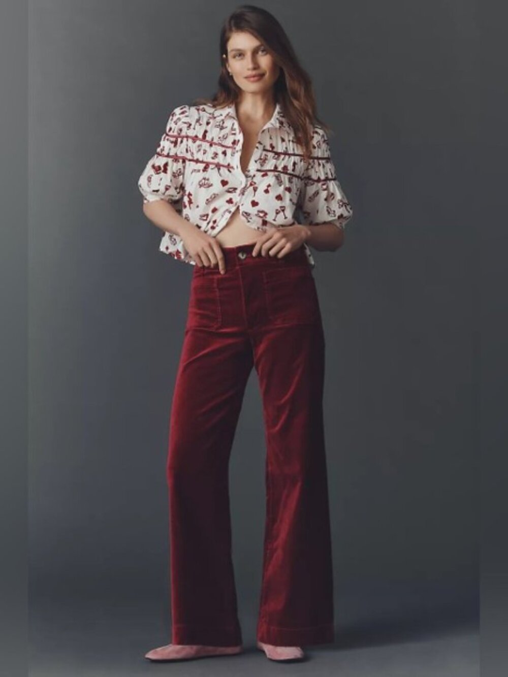 ANTHROPOLOGIE MAEVE Colette Velvet Full Length Wide Leg Pants Wine Size 32 Tall